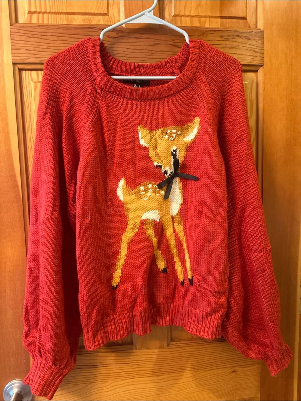 Forever 21 Red Knit Crewneck Sweater with Fawn Motif